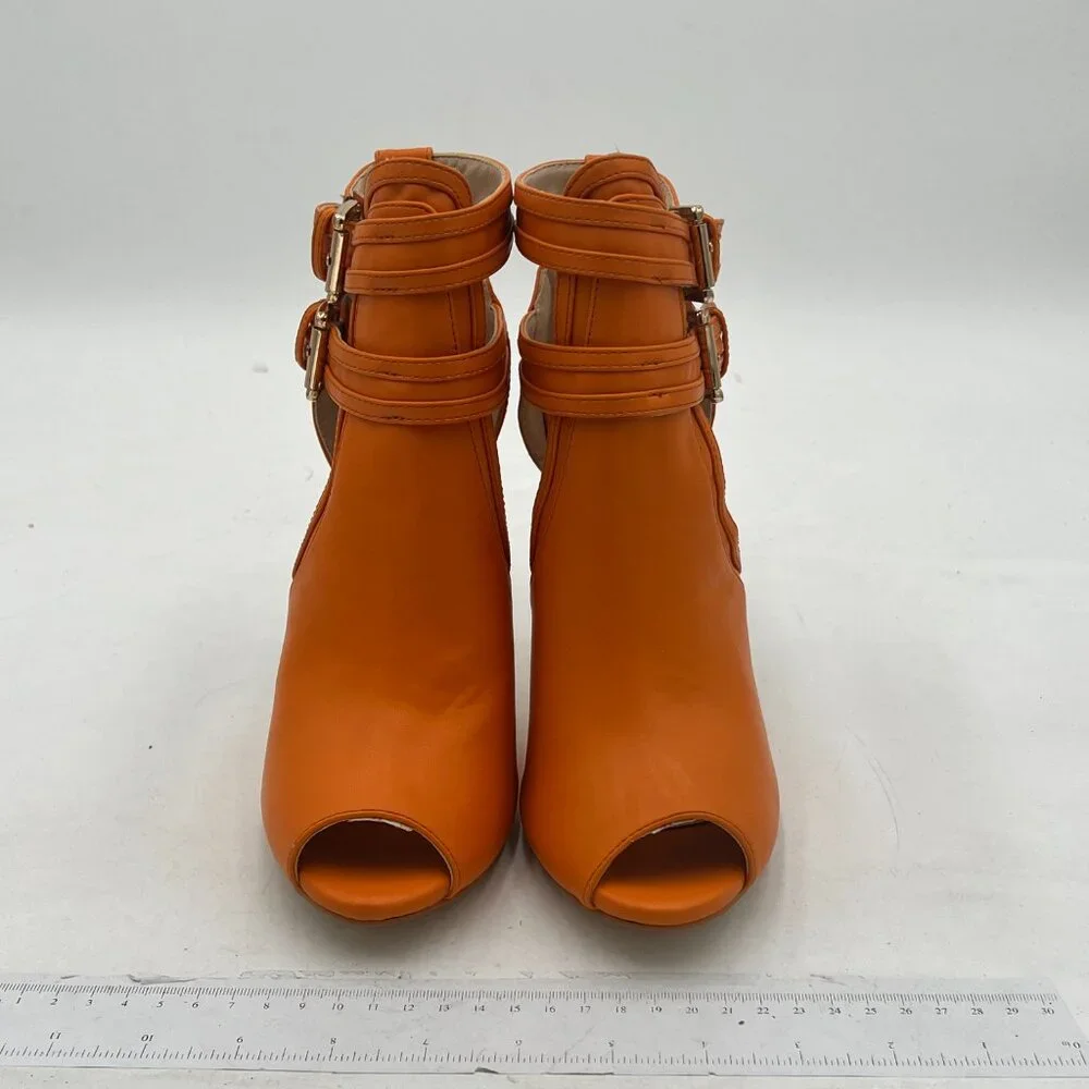 XYD Dark Orange Peep Toe Ankle Boot High Heel Buckled Double Straps Cutout Shoe - Picture 3 of 8